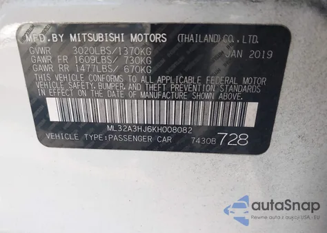 2019 Mitsubishi Mirage Rf из США, поврежденный, VIN ML32A3HJ6KH008082